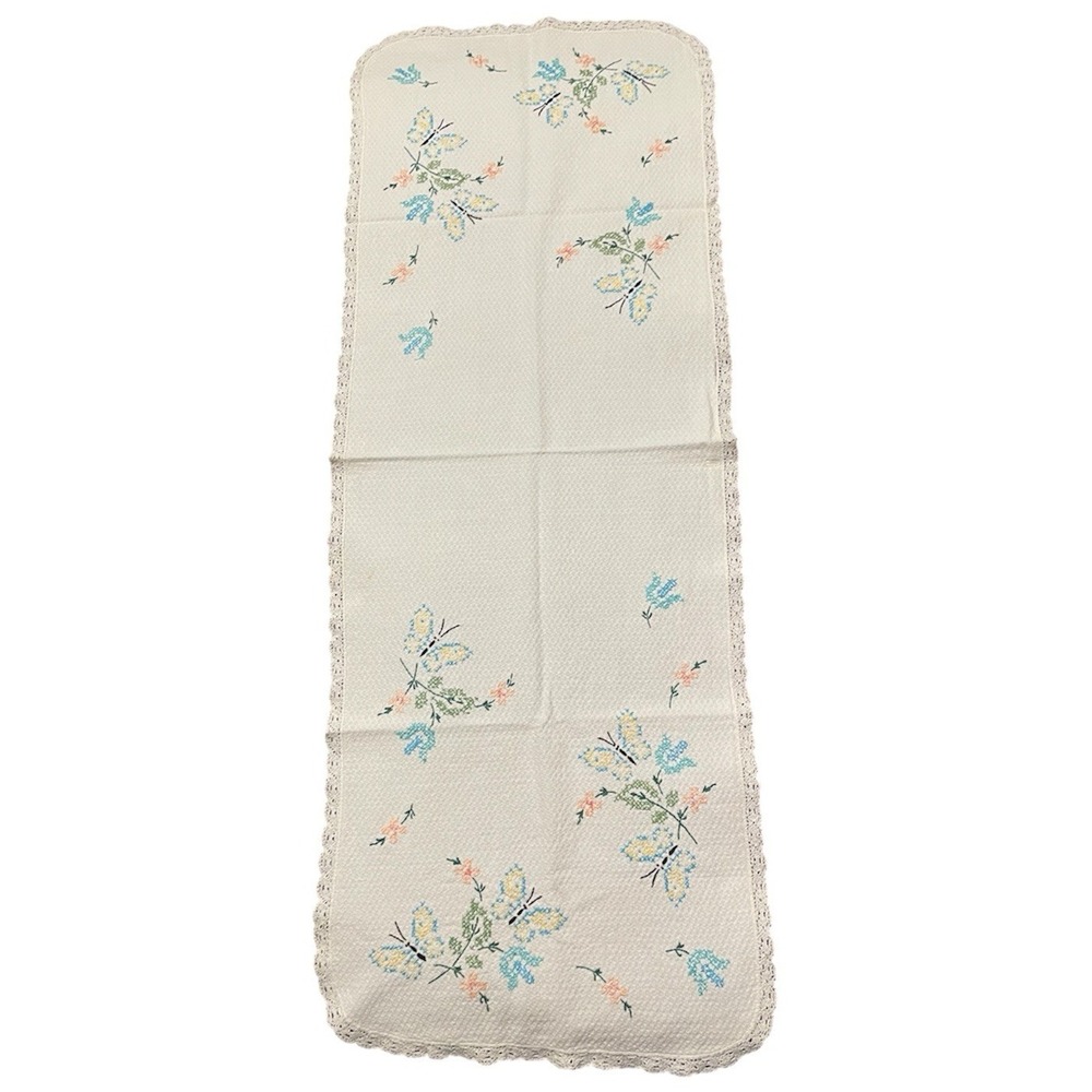 Vtg. Hand Embroidered Cross Stitched Butterfly Dresser Or Buffet Scarf 14" x 38"